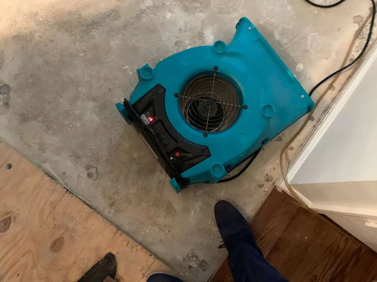Air mover drying subfloor during Commercial Water Damage Restoration in Watertown